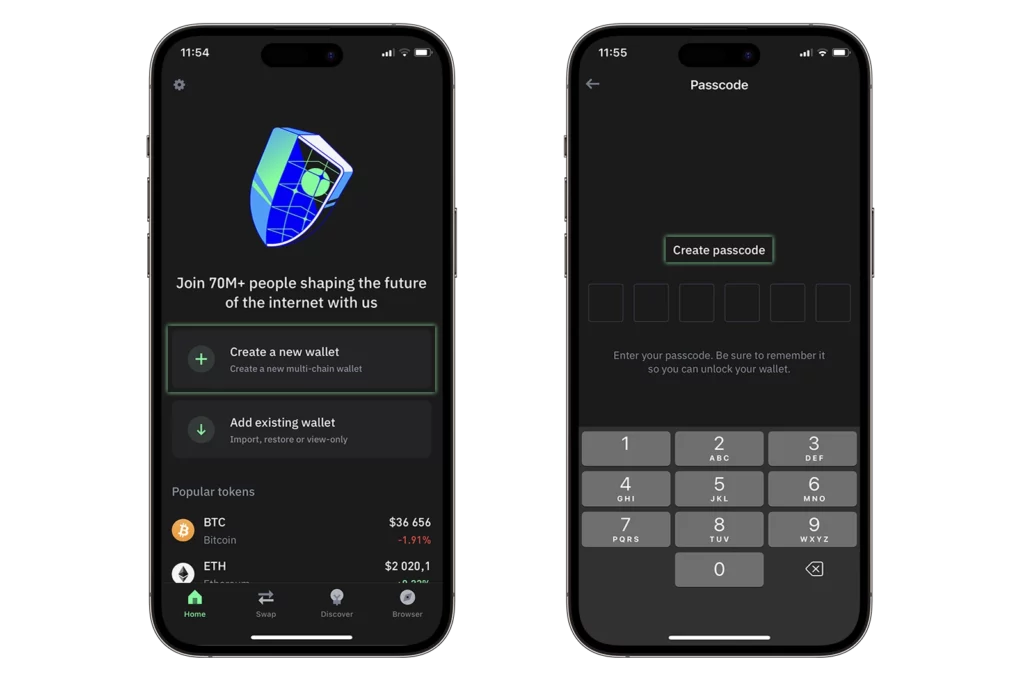 Image for desktop showing a screenshot of the first and second screenshots of the Trust wallet app. It invites the user to create a new wallet and to set a password.