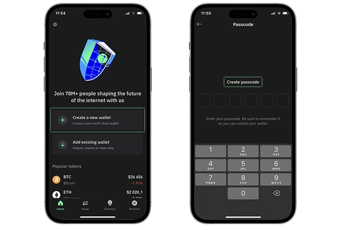 Image for mobile showing a screenshot of the first and second screenshots of the Trust wallet app. It invites the user to create a new wallet and to set a password.