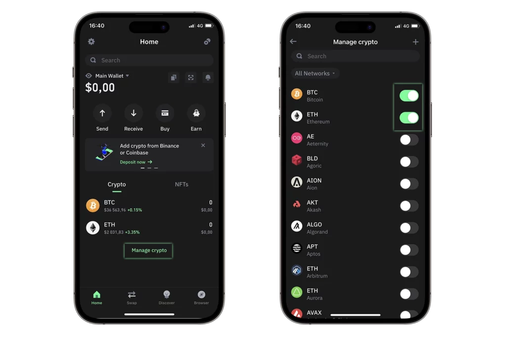 Image for desktop showing a screenshot of the homepage of the Trust wallet app. The user can click here on "Manage crypto" and enable the crypto he wants to see.