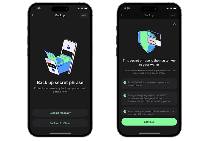 Image for mobile showing a screenshot the Trust wallet app inviting user to set up their secret phrase.