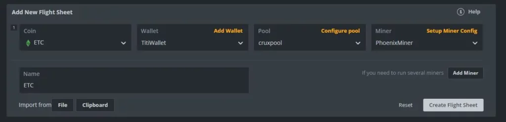 Create a new flight sheet to mine cryptocurrencies