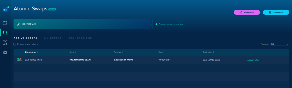 Exchange cryptocurrencies with Beam Wallet
