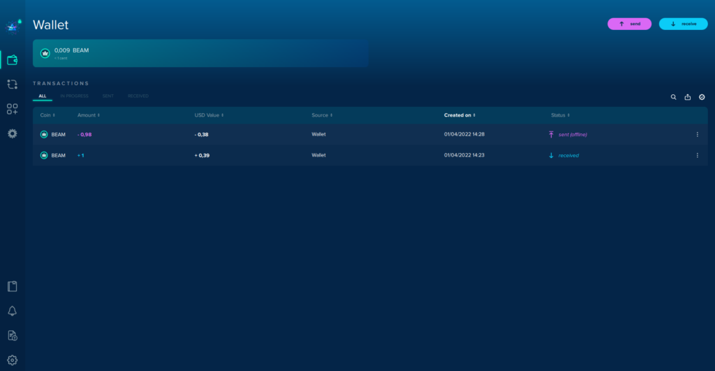 Crypto wallet Beam interface