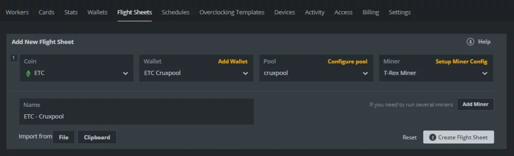 Create a new flight sheet on HiveOS