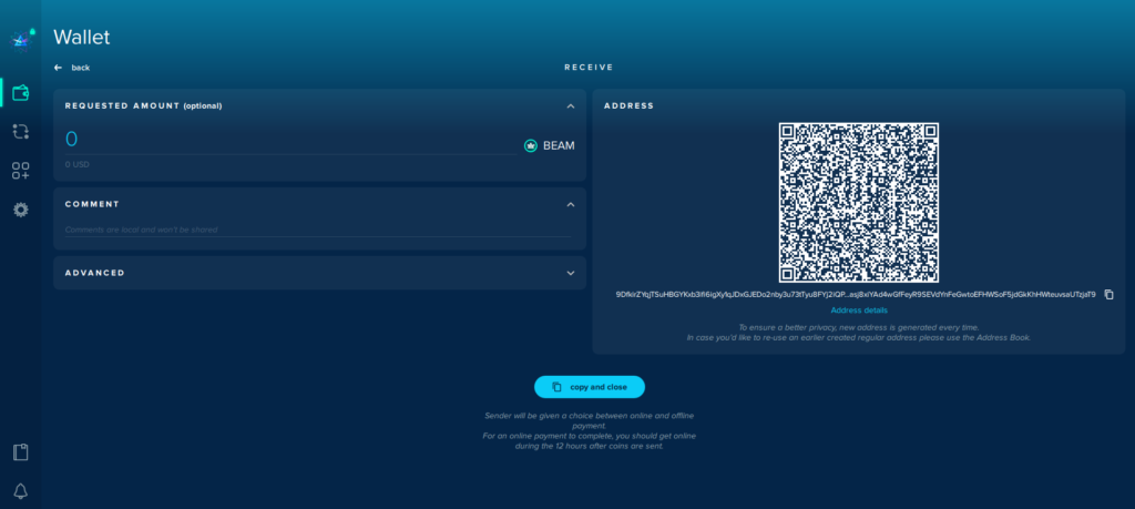 Receive cryptocurrencies with Beam Walett
