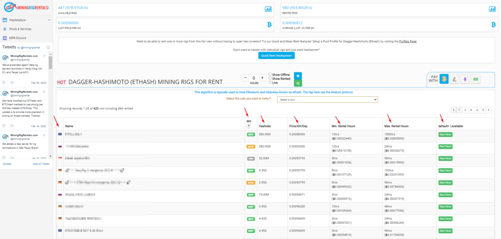 You can sort by characteristics of the available mining rigs