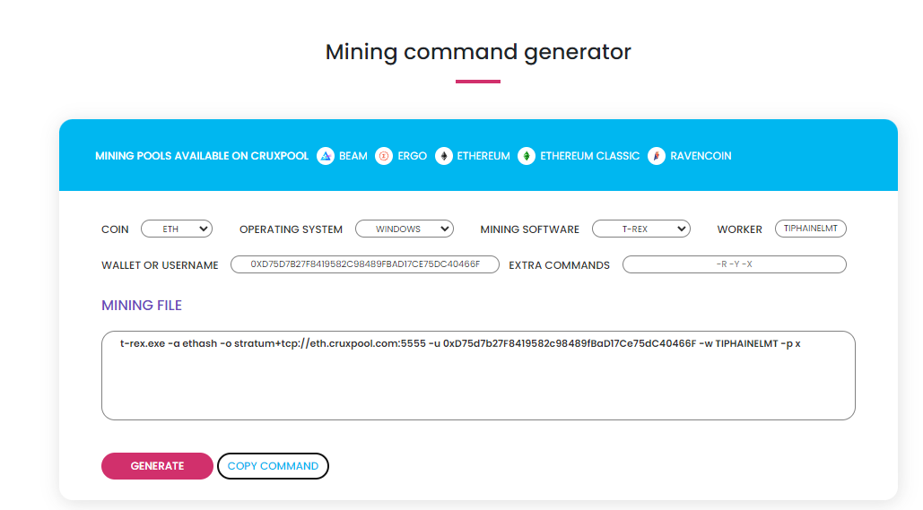 The mining command generator on Cruxpool