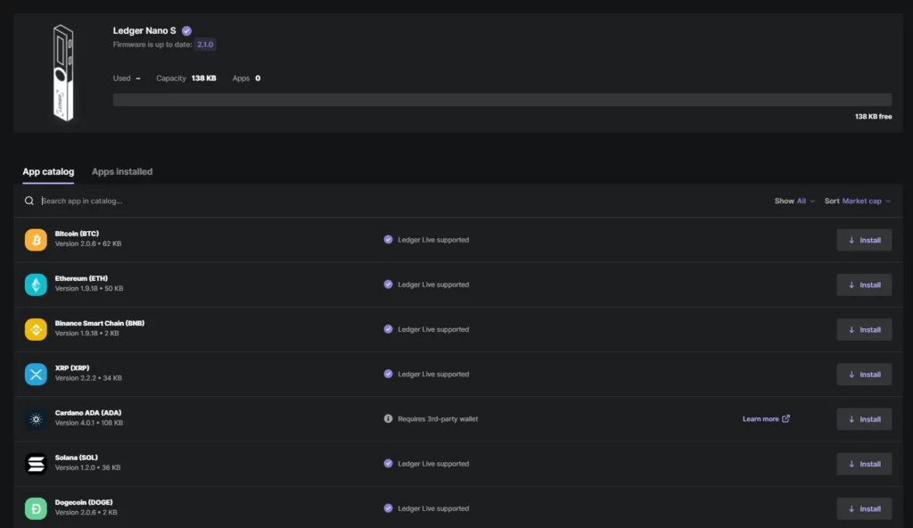 Install applications based on your cryptocurrencies for your Ledger Nano S