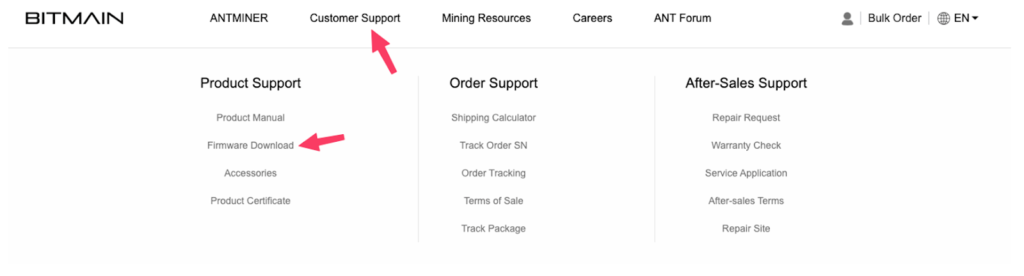 Footer of Bitmain.com website with navigation links to Customer Support and Firmware Download sections.