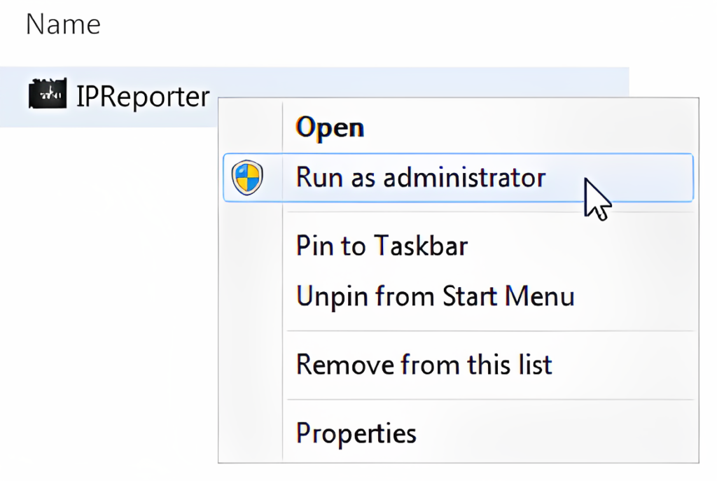 Image showing right-click and 'Run as administrator' option on a file named 'IP Reporter'.