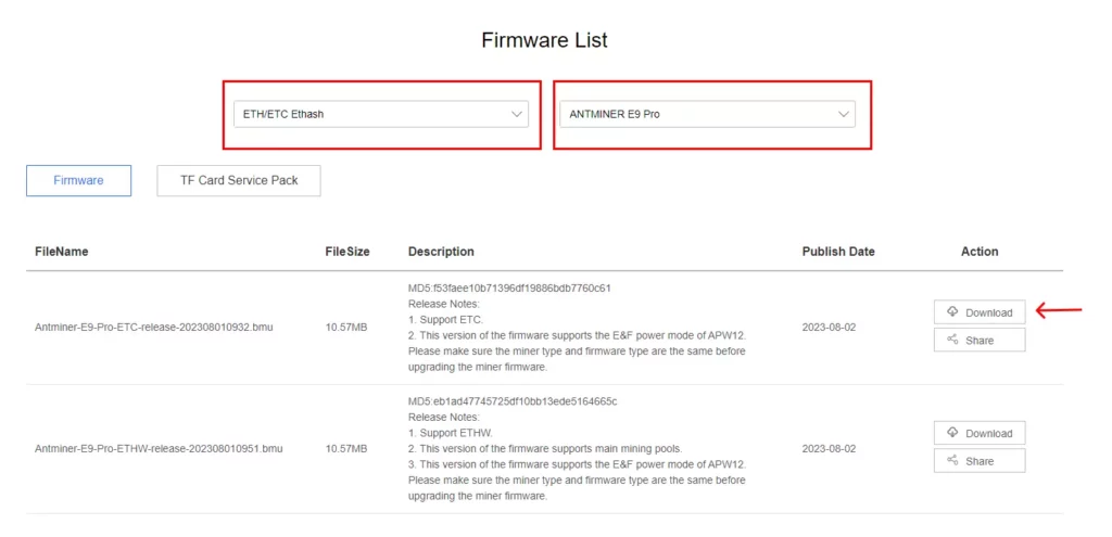 Screenshot of the "ETH/ETC ETHASH" and "ANTMINER E9 PRO" fields in the firmware list on Bitmain.com.