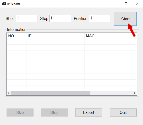 Screenshot of 'IP Reporter' file with an arrow indicating to click on 'Start'.