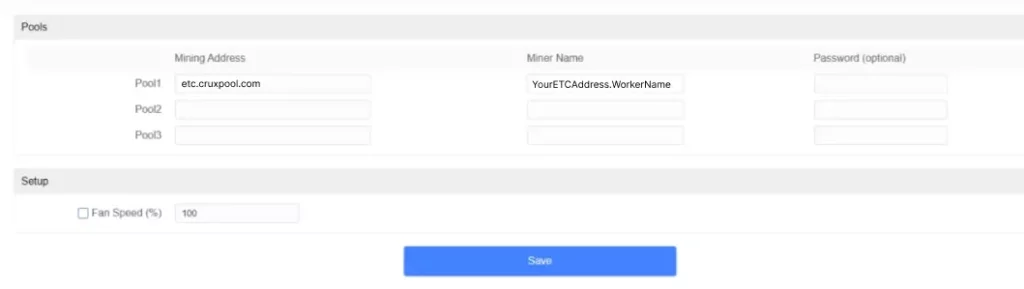 Image showing mining pool configuration interface with fields for entering mining address and miner's username.