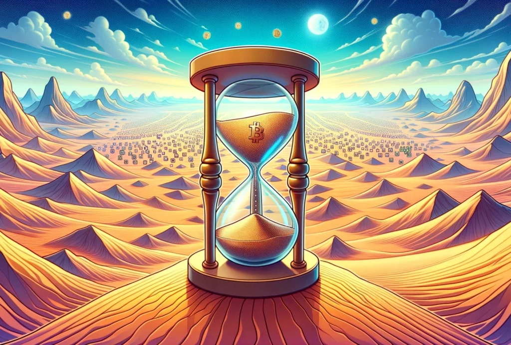 This image depicts a vast desert with digital mirages shimmering in the distance. At the center stands an ancient hourglass, but instead of sand, it's filled with tiny Bitcoins that reduce in number as they flow. The style appears to be a fusion between a realistic desert landscape and digital elements, evoking a mystical and futuristic atmosphere.
