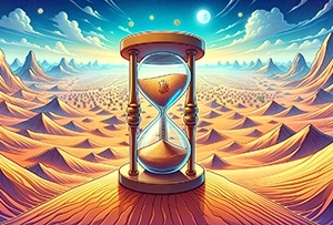 This image for mobile depicts a vast desert with digital mirages shimmering in the distance. At the center stands an ancient hourglass, but instead of sand, it's filled with tiny Bitcoins that reduce in number as they flow. The style appears to be a fusion between a realistic desert landscape and digital elements, evoking a mystical and futuristic atmosphere.