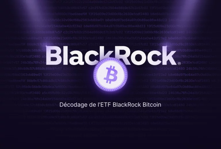 Image montrant le logo de BlackRock et celui de Bitcoin avec le titre "Décodage de l'ETF BlackRock Bitcoin"