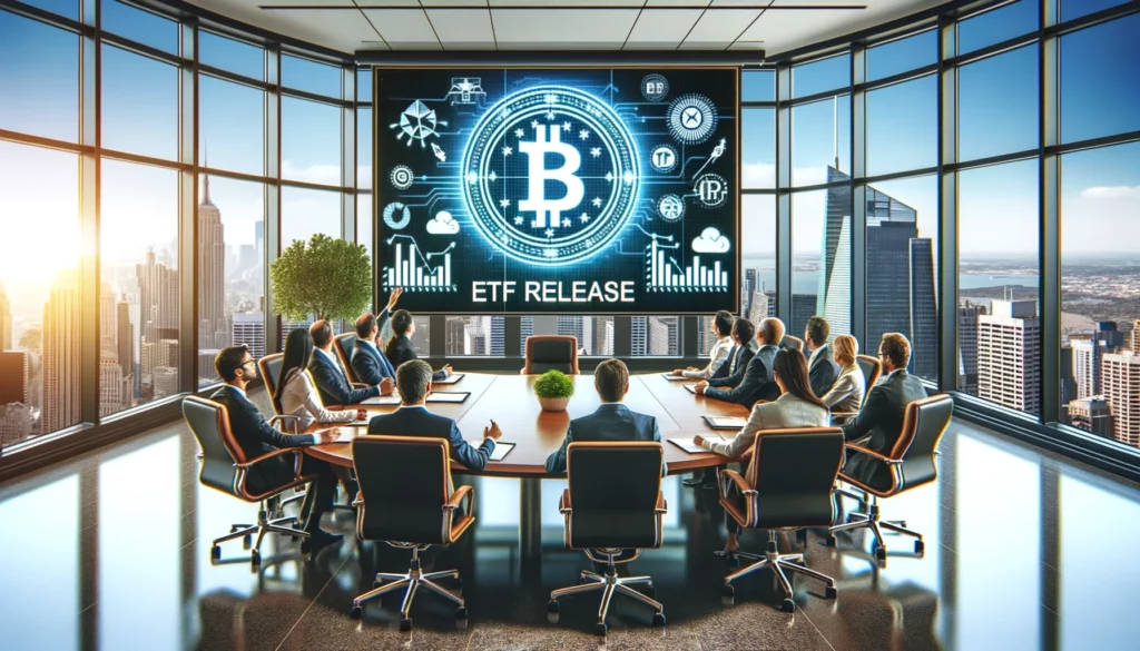 Image showing an illustration of business men and women discussing about the release of a Bitcoin ETF