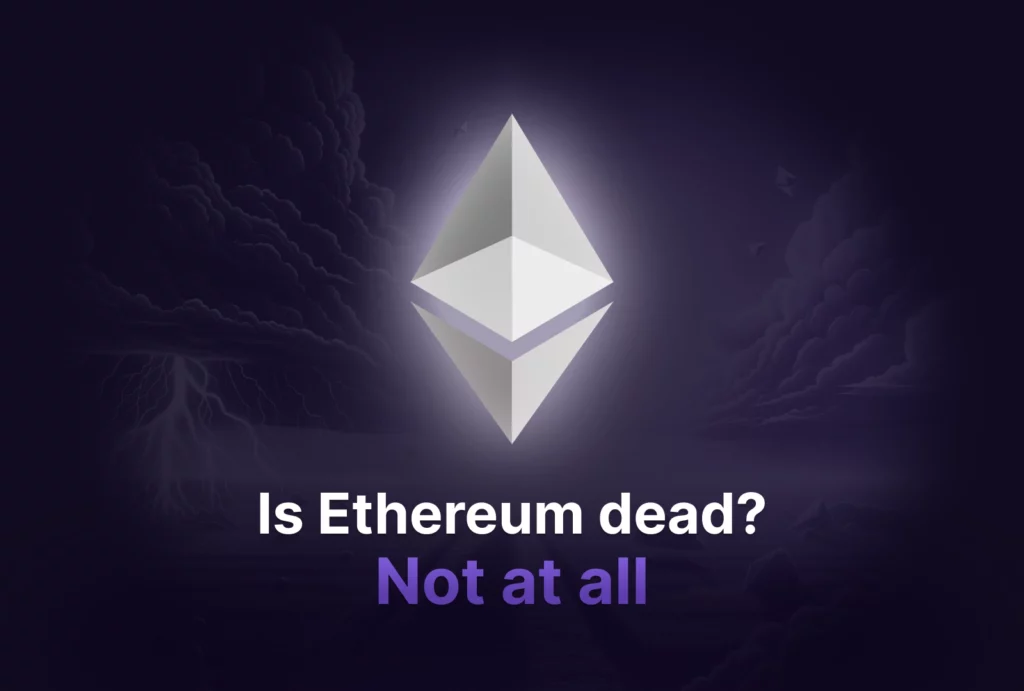 Thumbnail for desktop showing the Ethereum logo with a landscape divided betweet storm and Nice weather. All with the title of the article "Is Ethereum dead? Not at all"