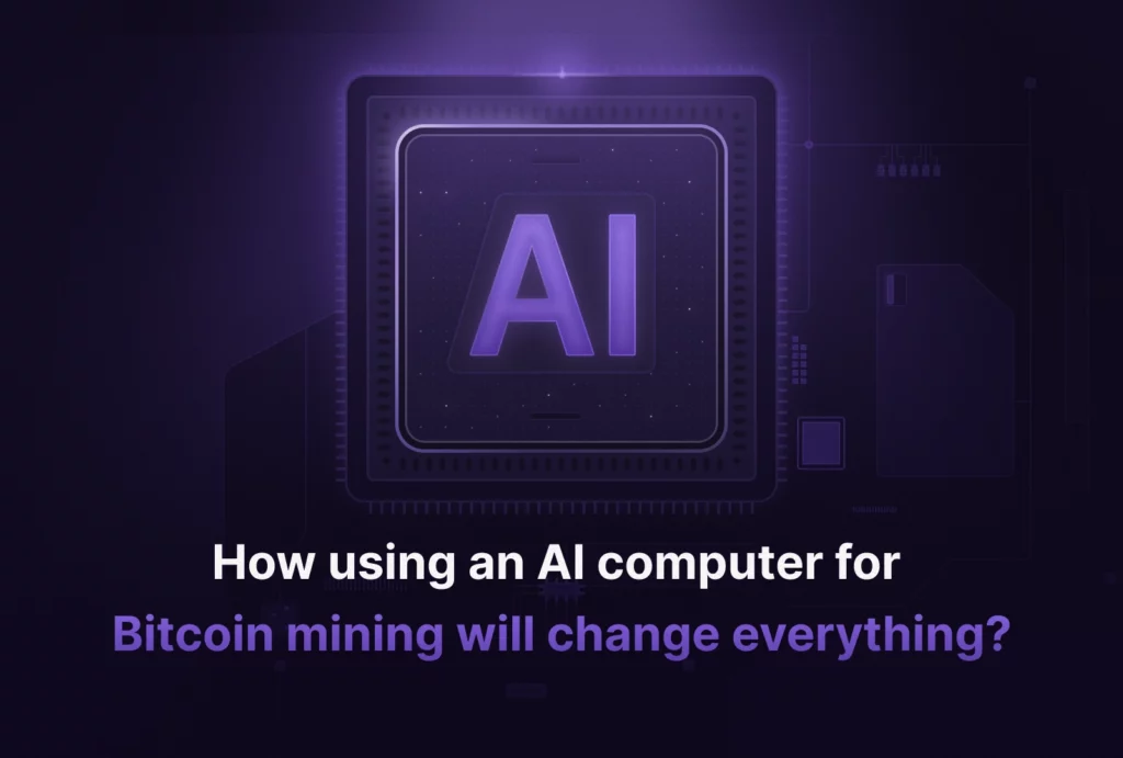 Desktop thumbnail showing a computer chipset with AI written on it and below the title of the article "How using an AI computer for Bitcoin mining will change everything?"