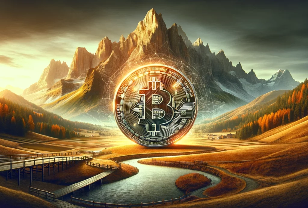 AI generated image for desktop showing a Bitcoin in front of a Mountain in the background, illustrating the crypto journey of crypto enthusiasts