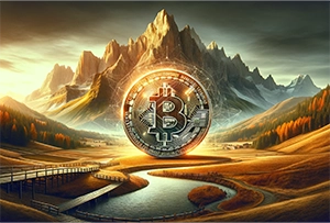 AI generated image for mobile showing a Bitcoin in front of a Mountain in the background, illustrating the crypto journey of crypto enthusiasts