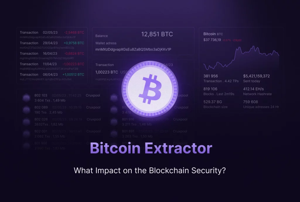 Thumbnail of the article showing the Bitcoin logo and some blockchain statistics at the background. Below, the title of the article "Bitcoin Extractor: What impact on the Blockchain Security?"