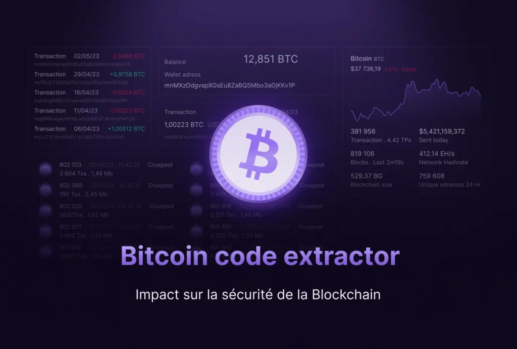 Image de miniature pour ordinateur montrant le logo Bitcoin avec en arrière plan des statistiques de la Blockchain Bitcoin. En dessous, le titre de l'article "Bitcoin code extractor : Impact sur la sécurité de la Blockchain".