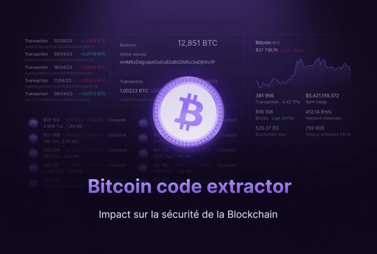 Image de miniature pour ordinateur montrant le logo Bitcoin avec en arrière plan des statistiques de la Blockchain Bitcoin. En dessous, le titre de l'article "Bitcoin code extractor : Impact sur la sécurité de la Blockchain".