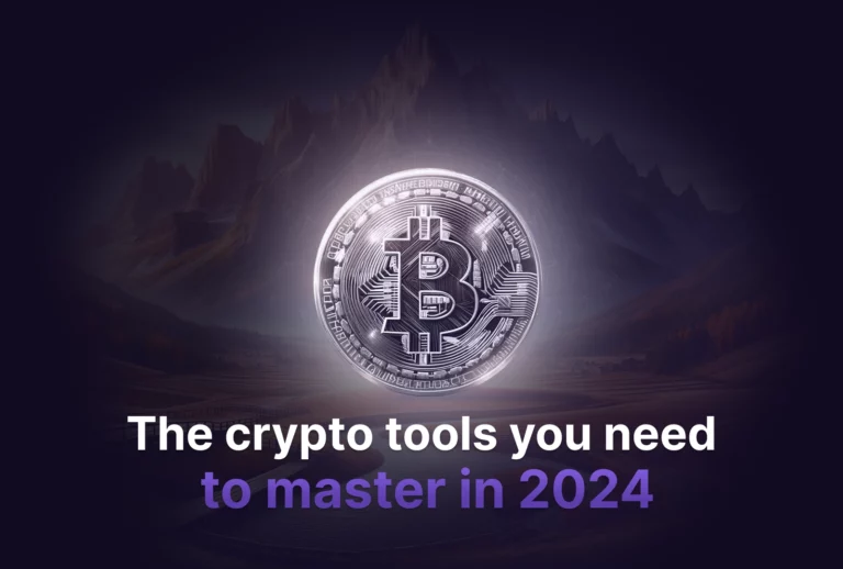Thumbnail image showing a Bitcoin in front of a mountain and the title of the article "The crypto tools you need to master in 2024"