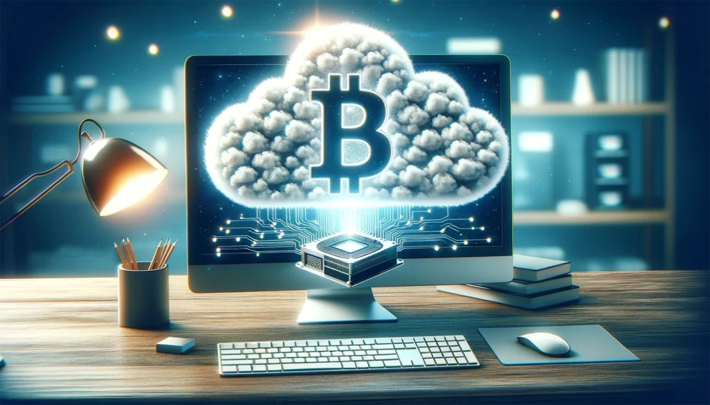 Image pour ordinateur montrant un ordinateur et un nuage avec un Bitcoin dessus pour illustrer le Cloud Mining en image