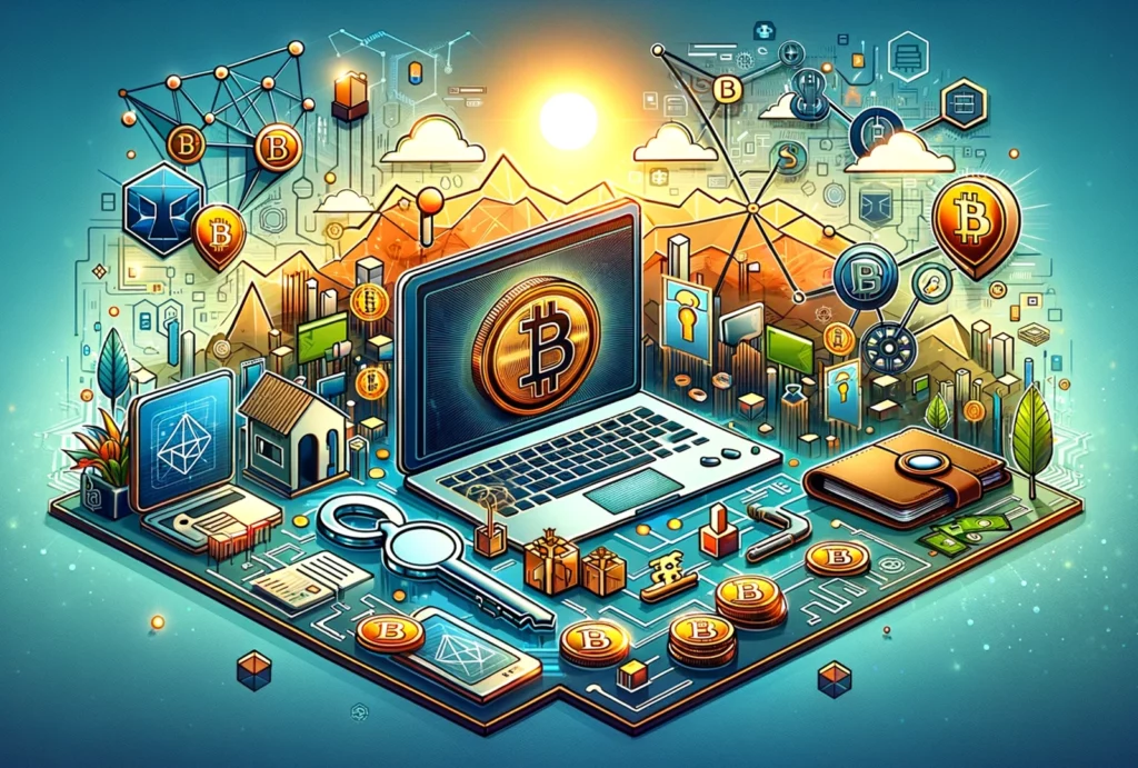 This is a system showing a concept of a wallet address ecosystem. We can see a computer with the Bitcoin logo in the screen. Everything is surrounded with element acting in interaction. This image is for desktop devices.